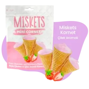 MISKETS WHITE CHOCOLATE STRAWBERRY FLAVORED MINI CONES 50g - best før 06.11.2025